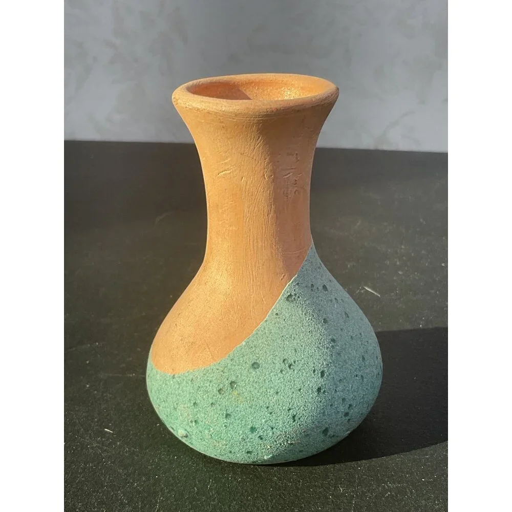 Handcrafted Ceramic Bud Vase With Textured Green & Natural Terracotta Finish